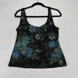 Alex Evenings Floral Metallic Tank Top Black Blue Green L Scoop‎ Neck Stretch